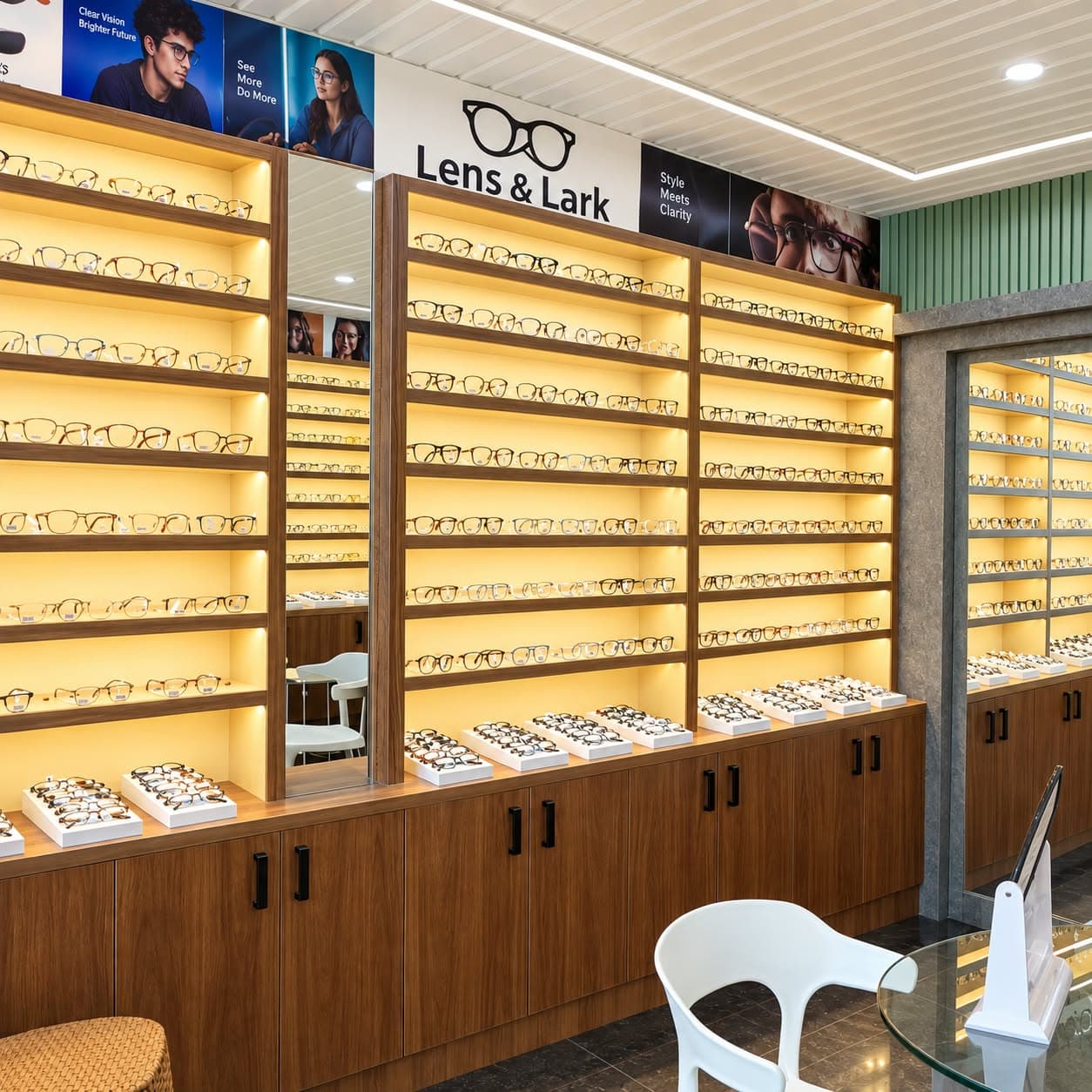 Lens & Lark optical showroom with walnut-finish backlit eyewear display shelves, mirror panels and storage cabinets below